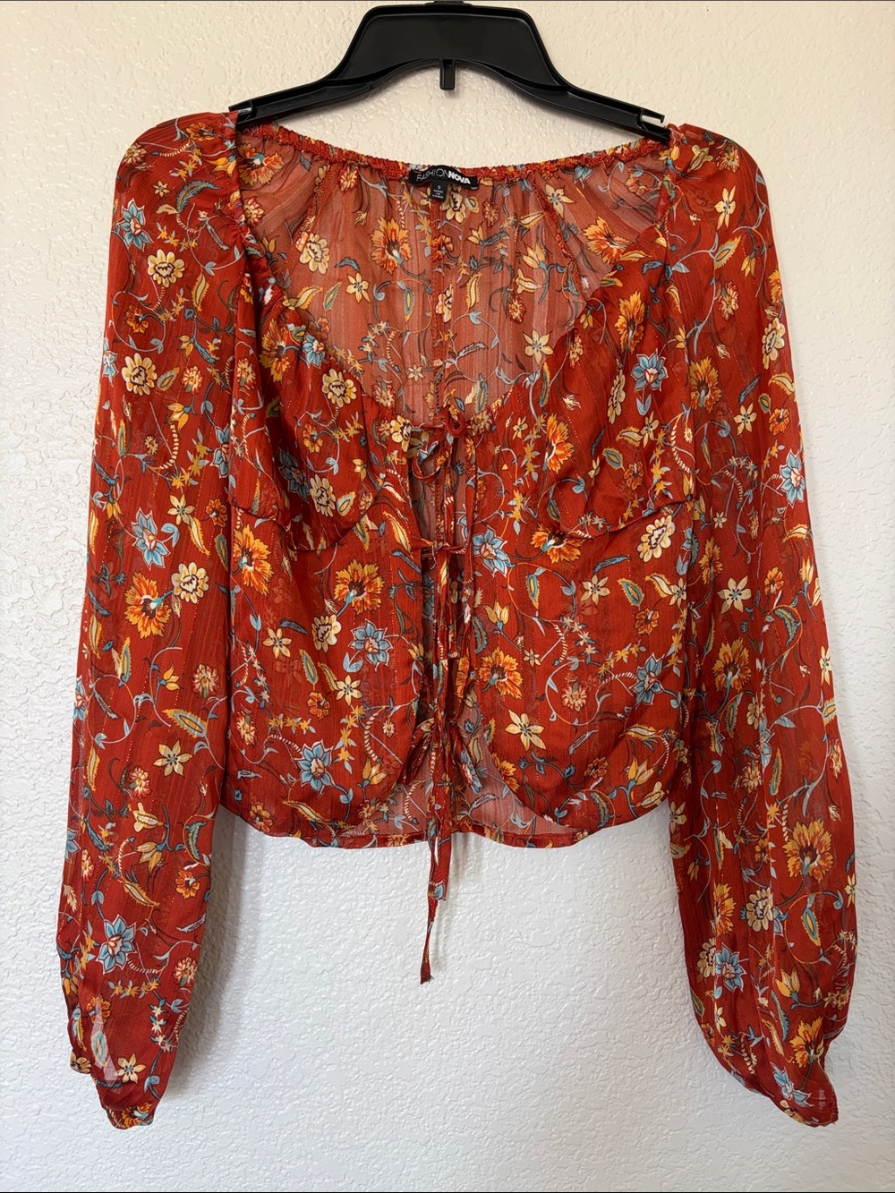 Fashion Nova Rust Floral Tie-Front Sheer Crop Top